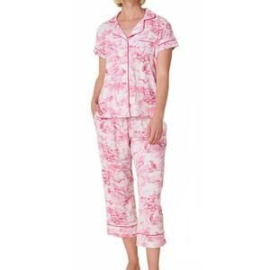NEW THE CAT'S PAJAMAS palm grove toile pima knit capri set in pink